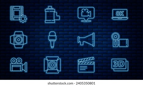 Set line 3D word, Cinema camera, Camera and location, Microphone, Movie spotlight, Play Video, Megaphone and film roll cartridge icon. Vector