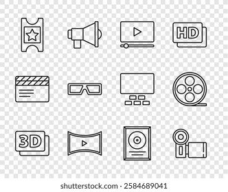 Set line 3D word, Cinema camera, Online play video, ticket, cinema glasses, CD disk award frame and Film reel icon. Vector