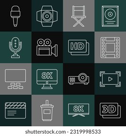 Set line 3D word, Online play video, Play Video, Director movie chair, Cinema camera, Microphone,  and Hd movie, tape, frame icon. Vector