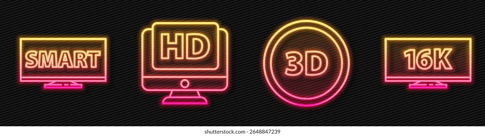 Video Fije la línea 3D palabra, pantalla tv con Smart, monitor con HD Video y pantalla tv con 16k. Icono de neón brillante. Vector