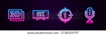 Set line 3D word, Screen tv with 8k, Old film movie countdown frame and Microphone. Glowing neon icon. Vector
