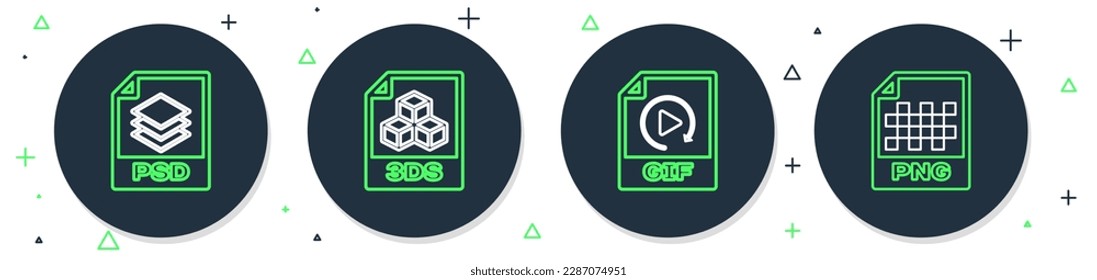 Set line 3DS file document, GIF, PSD and PNG icon. Vector