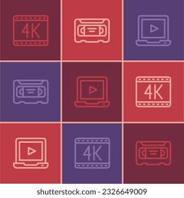 Set line 4k movie, Online play video and VHS cassette tape icon. Vector