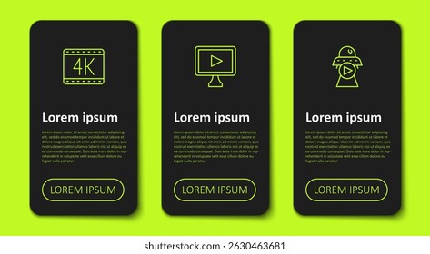 Set line 4k movie, Online play video and Science fiction. Business infographic template. Vector