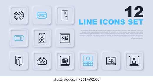 Set line 4k movie, Play Video, Stereo speaker, Cinema auditorium with screen, ticket, Record button and subtitles icon. Vector