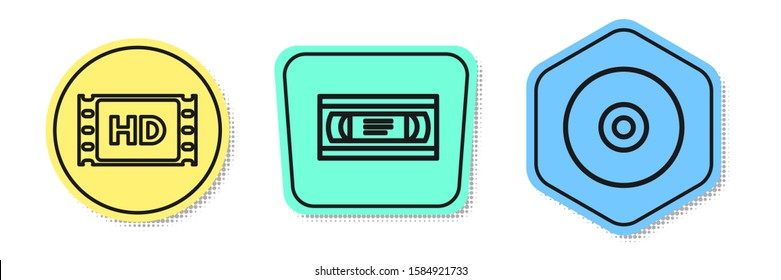 Set line 4k movie, tape, frame , VHS video cassette tape  and CD or DVD disk . Colored shapes. Vector