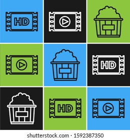 Set line 4k movie, tape, frame , Popcorn in cardboard box  and Play Video  icon. Vector