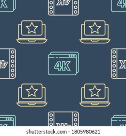 Set line 4k movie, tape, frame, Laptop with star and Online play video with 4k on seamless pattern. Vector