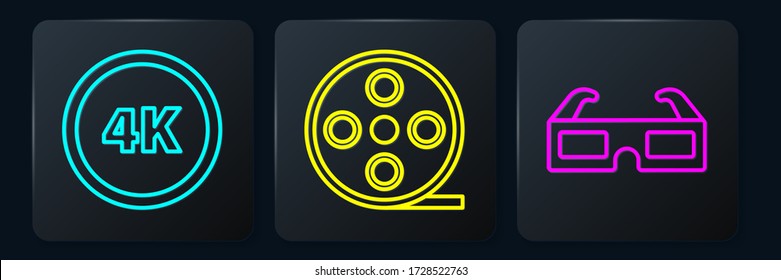 Set line 4k Ultra HD, 3D cinema glasses and Film reel. Black square button. Vector