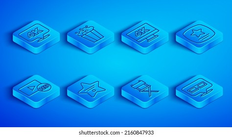 Set line 4k Ultra HD, Popcorn in cardboard box, Screen tv with, Walk of fame star, Director movie chair, Hd movie, tape, frame and 3D cinema glasses icon. Vector