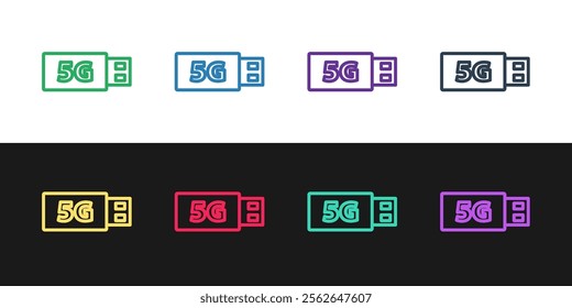 Set line 5G modem for fast mobile Internet icon isolated on black and white background. Global network high speed connection data rate technology.  Vector
