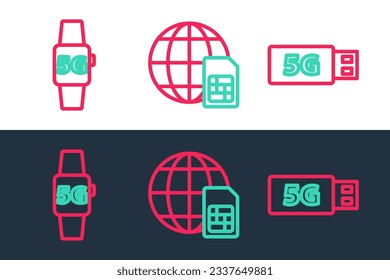 Set line 5G modem, Smart watch network and  icon. Vector