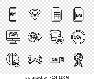 Set line 5G network, Antenna, Sim card, Mobile with, modem and  icon. Vector