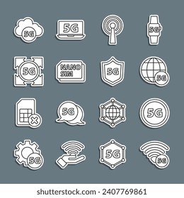 Set line 5G network, Antenna, Nano Sim Card, Cloud and Protective shield icon. Vector