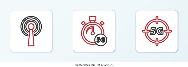 Set line 5G network, Antenna and Digital speed meter icon. Vector