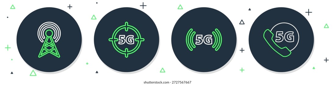 Set Linie 5G Netzwerk, Antenne und Telefon mit Symbol. Vektorgrafik