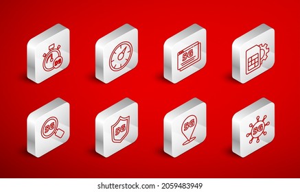 Set line 5G network, Digital speed meter, Sim card setting, Location, Protective shield and Search icon. Vector