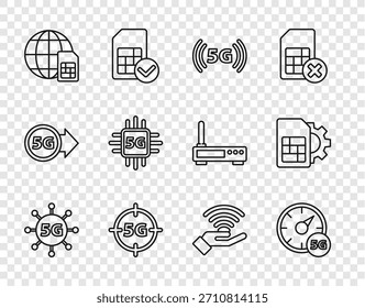 Establezca la red 5G, el medidor de velocidad digital, la tarjeta SIM Globe, el procesador y el icono de configuración de la tarjeta. Vector
