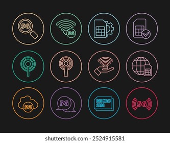 Set line 5G network, Globe Sim Card, card setting, Antenna, Search,  and  icon. Vector