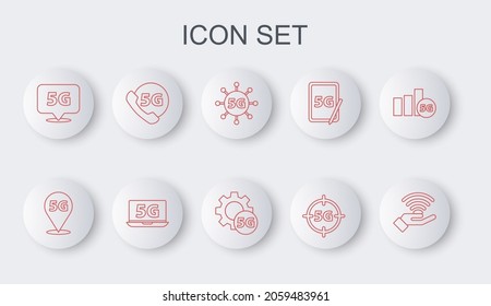 Fijar la línea 5G red, Ubicación, Teléfono con, Portátil y Ajuste icono. Vector