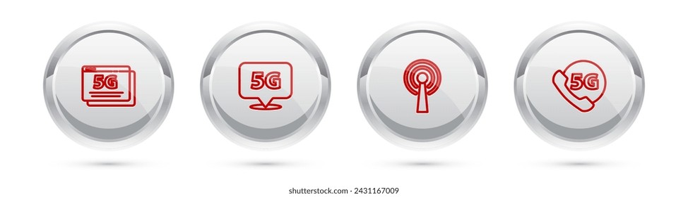 Set line 5G network, Location, Antenna and Phone with. Silver circle button. Vector