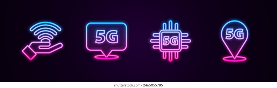 Line 5G Netzwerk, Standort, Prozessor und . Leuchtendes Neon-Symbol. Vektorgrafik