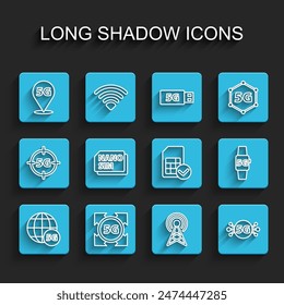 Set line 5G network, Location, Antenna, Nano Sim Card, Smart watch and card icon. Vector
