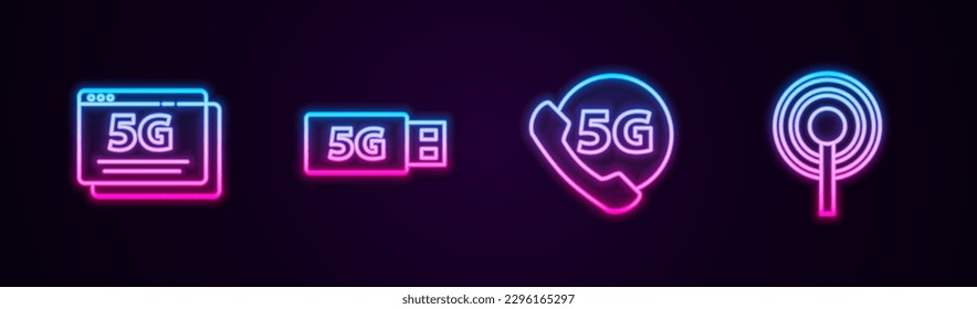 Set line 5G network, modem, Phone with and Antenna. Glowing neon icon. Vector