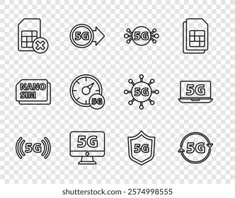 Set line 5G network, Monitor with, Sim card rejected, Digital speed meter, Protective shield and Laptop icon. Vector