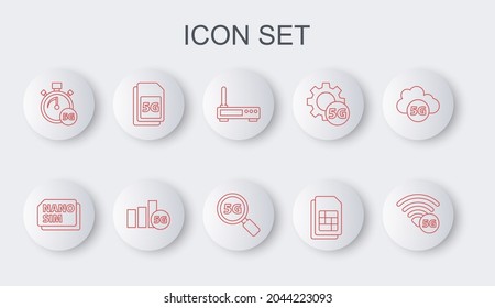 Set Line 5G Netzwerk, Nano Sim Card, Router und Wi-Fi Signal, Karte, Digital Speed Meter und Suche Symbol. Vektorgrafik