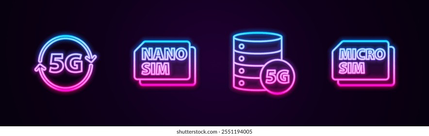 Set line 5G network, Nano Sim Card, Server and Micro. Glowing neon icon. Vector