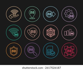 Set line 5G network, Phone with, Social and Location icon. Vector