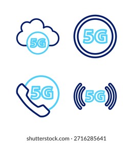Set Linie 5G Netzwerk, Telefon mit, Globe Sim Karte und Cloud Symbol. Vektorgrafik