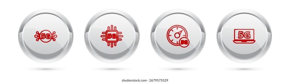 Set line 5G network, Processor, Digital speed meter and Laptop with. Silver circle button. Vector