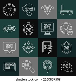 Set Line 5G Netzwerk, Protective Schild, Digital Speed Meter, Wi-Fi Wireless und Monitor mit Symbol. Vektorgrafik