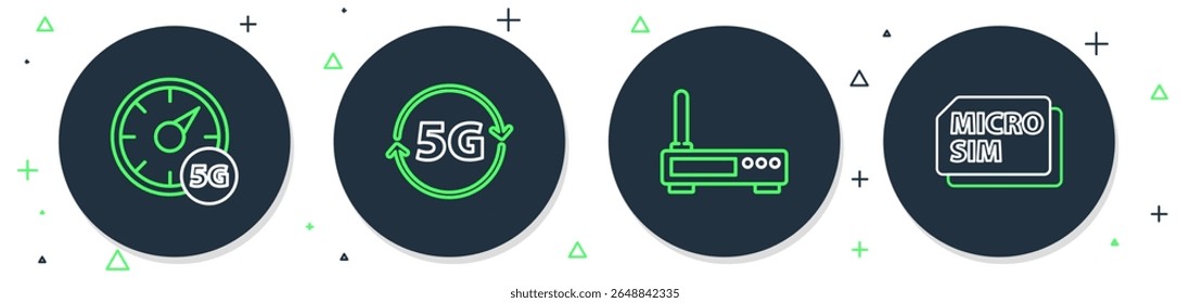 Set line 5G network, Router and wi-fi signal, Digital speed meter and Micro Sim Card icon. Vector