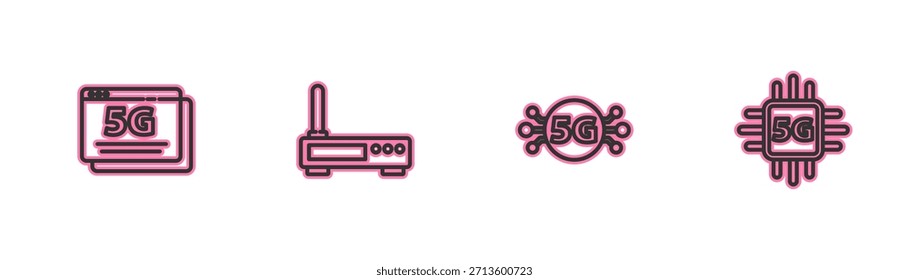 Establecer la línea de red 5G, , Router y señal wi-fi e icono del procesador. Vector