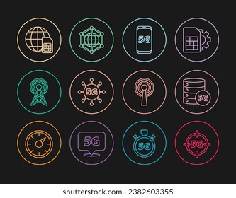 Set line 5G network, Server, Mobile with, Antenna, Globe Sim Card,  and Social icon. Vector