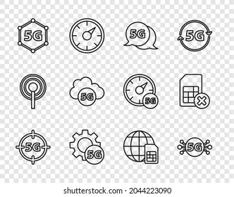Set line 5G network, Setting, Cloud, Globe Sim Card and card rejected icon. Vector