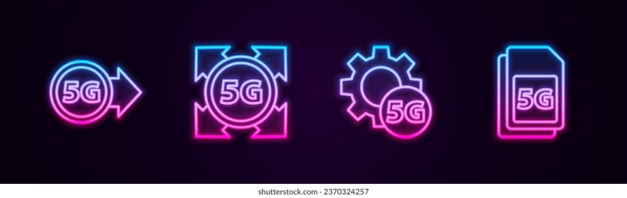 Establece la red 5G, , Configuración y tarjeta Sim. Icono de neón brillante. Vector