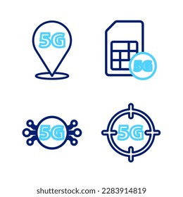 Set line 5G network, Sim Card and Location icon. Vector