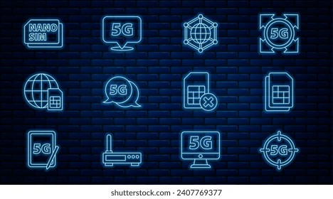 Set line 5G network, Sim card, Social, Globe Card, Nano, rejected and Location icon. Vector