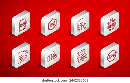 Set line 5G network, Sim card rejected, Digital speed meter, Server, Graphic tablet with,  and setting icon. Vector