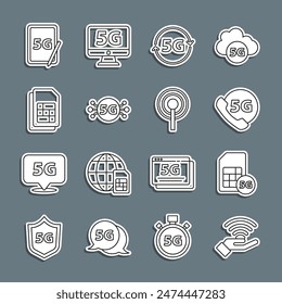 Set Line 5G Netzwerk, Sim-Karte, Telefon mit, Karte, Grafik-Tablet und Antenne-Symbol. Vektorgrafik