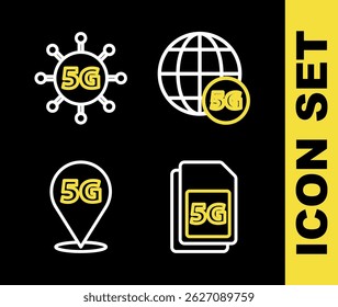 Set Linie 5G-Netzwerk, Sim-Karte, Ort und Symbol. Vektorgrafik