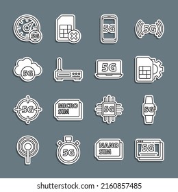 Set line 5G network, Smart watch, Sim card setting, Mobile with, Router and wi-fi signal, Cloud, Digital speed meter and Laptop icon. Vector