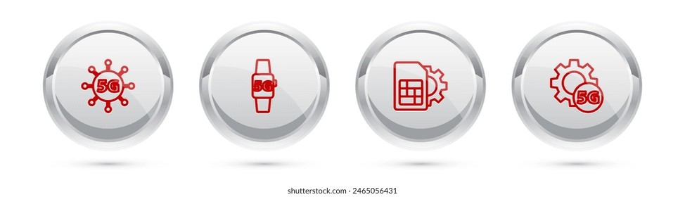 Set line 5G network, Smart watch, Sim card setting and Setting. Silver circle button. Vector
