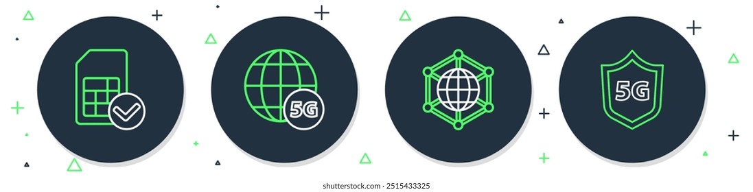 Establecer la línea 5G red, social, tarjeta Sim e icono de escudo protector. Vector