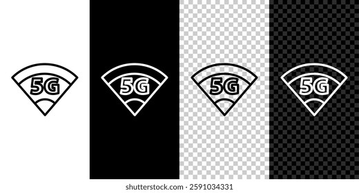 Set line 5G new wireless internet wifi connection icon isolated on black and white background. Global network high speed connection data rate technology.  Vector