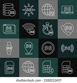 Set line 5G Sim Card, network, Phone with, Globe, Server and Digital speed meter icon. Vector